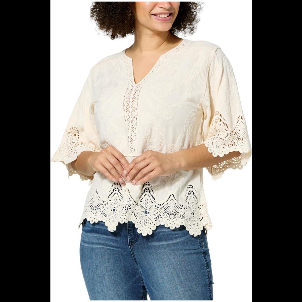 Democracy Embroidered Crochet Trim Peplum Boho Style Top Ivory -  Regular XL